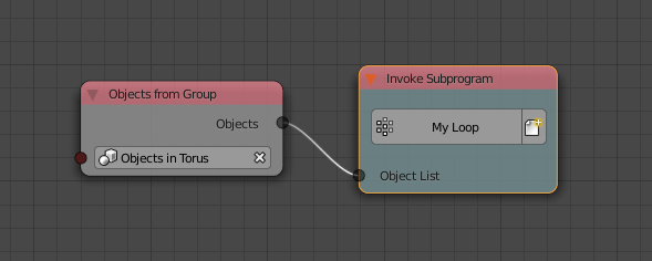 A screenshot of two Animation Nodes nodes in the Blender 3D node editor. An 'Objects from Group' node is plugged into an 'Invoke Subprogram' node.